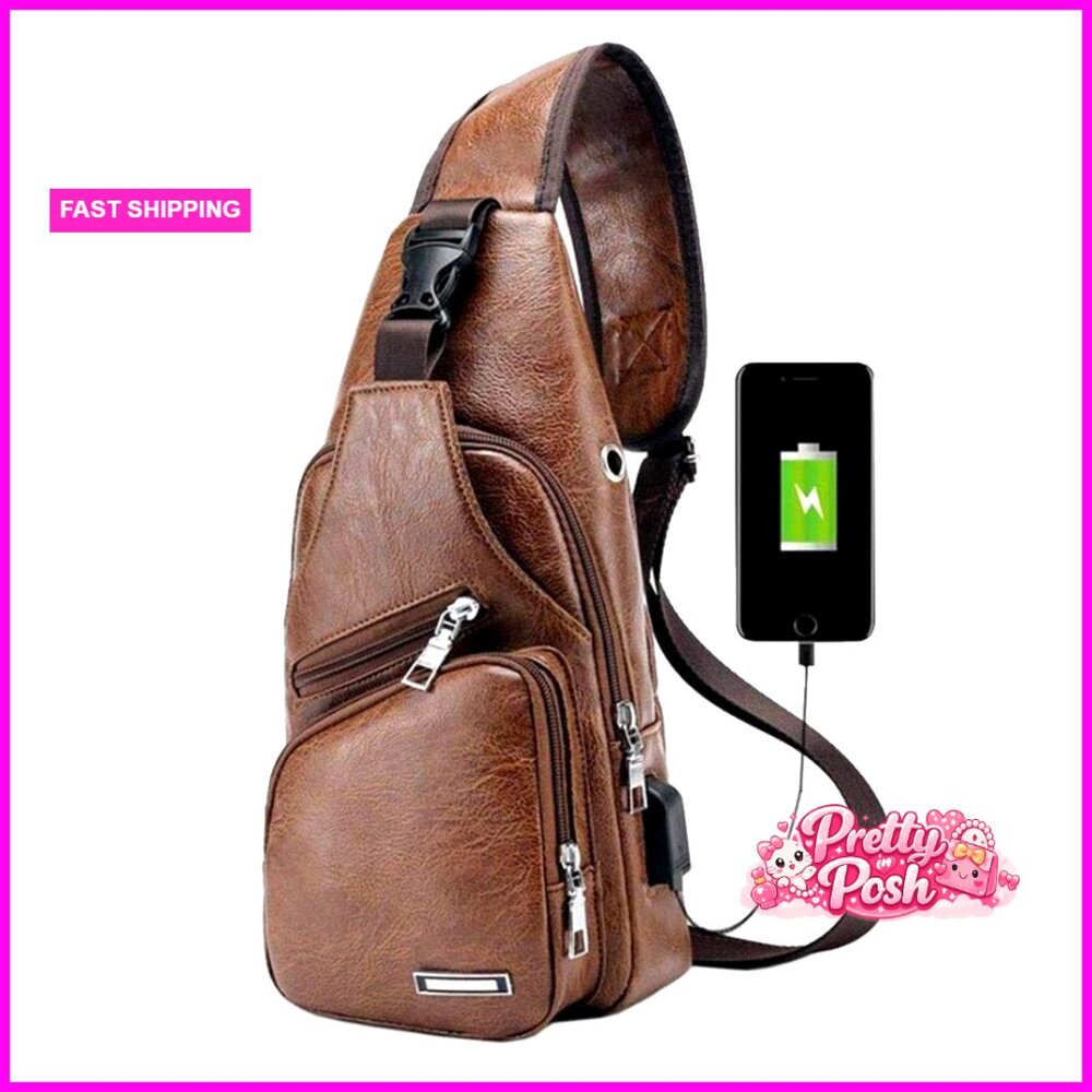 Leather Crossbody Sling Backpack With Usb Port For Travel & Outdoor